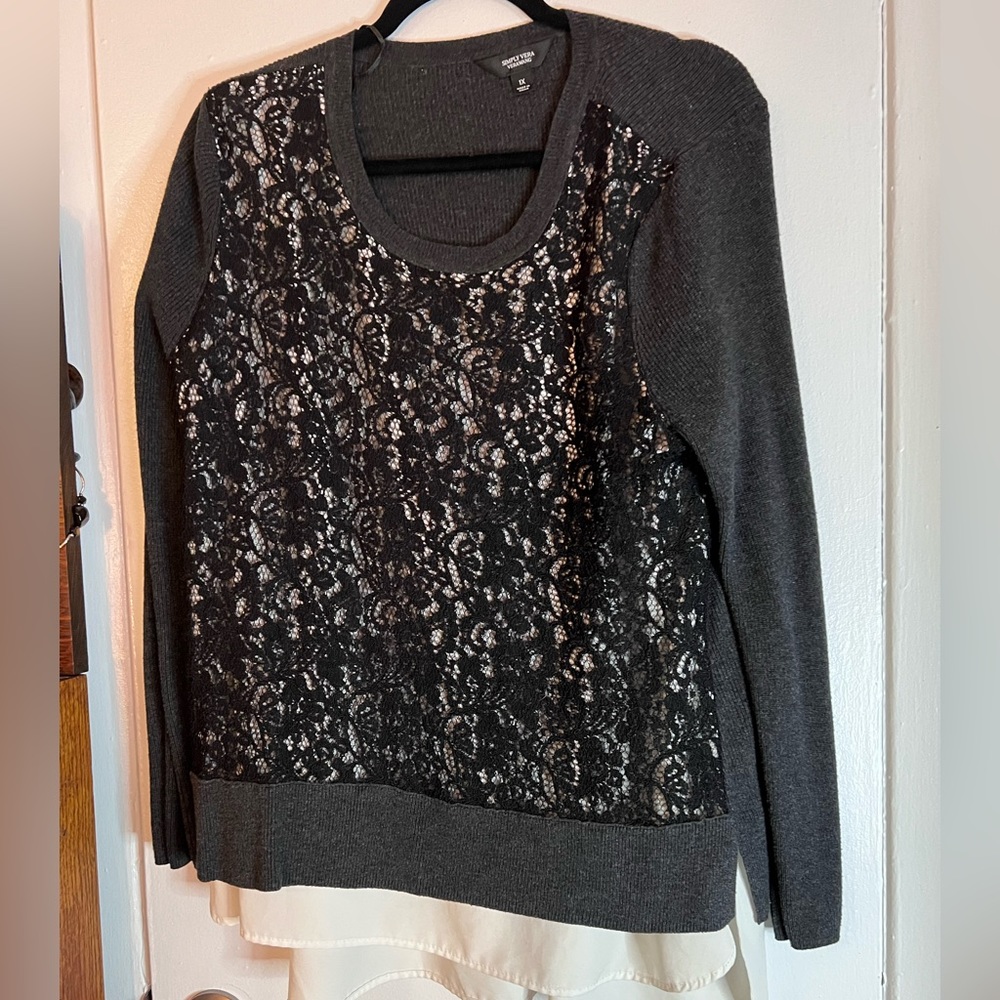 Grey, black lace and white Vera Wang sweater.